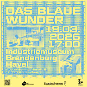 Blaugelbes, gezeichnetes Plakat in Form von Computerpapier mit Schrift und zwei Zeichnungen