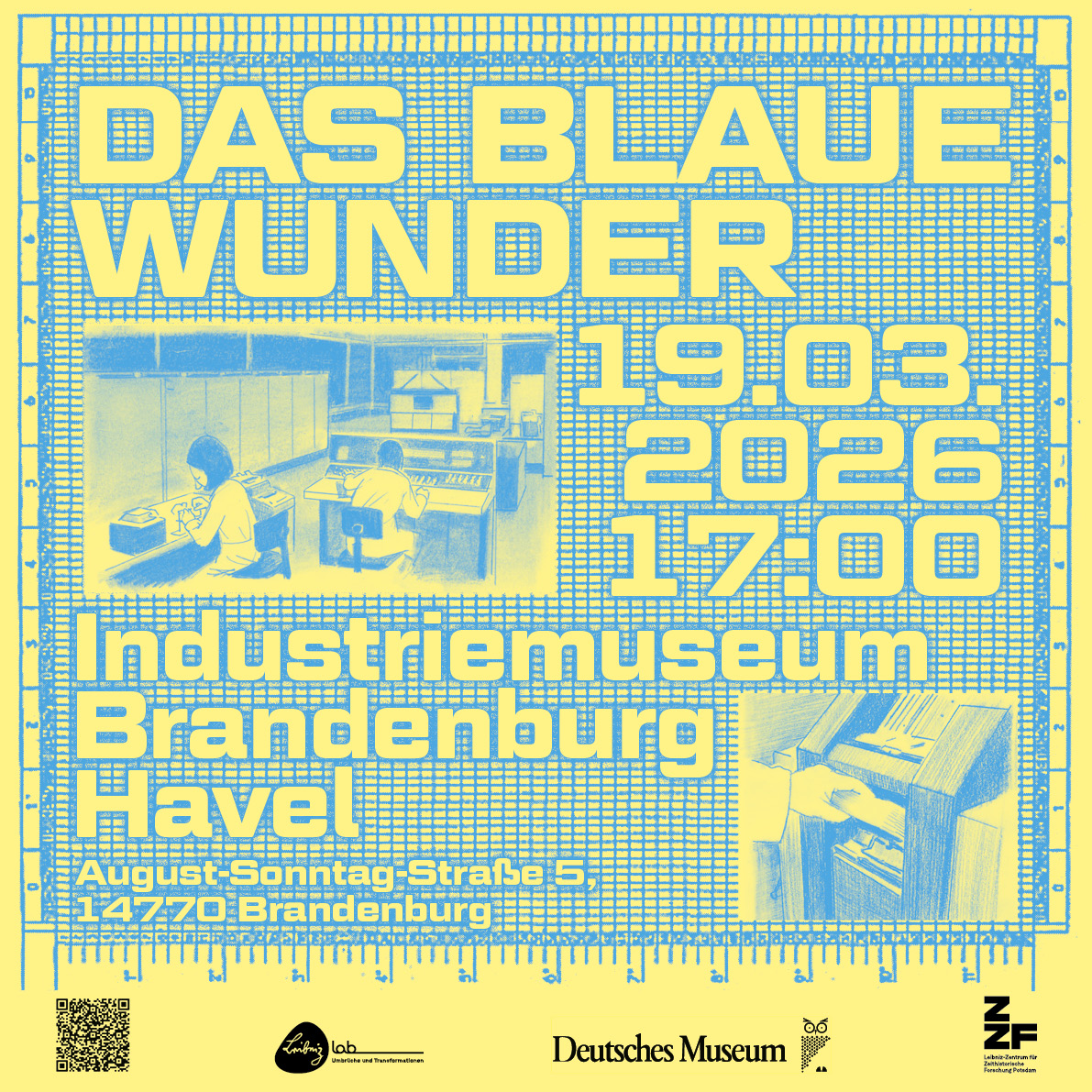 Blaugelbes, gezeichnetes Plakat in Form von Computerpapier mit Schrift und zwei Zeichnungen