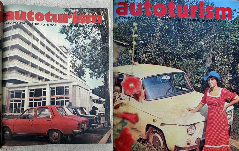Zwei farbige Titelblätter, die Autos zeigen; rechts steht eine Frau vor dem Auto.