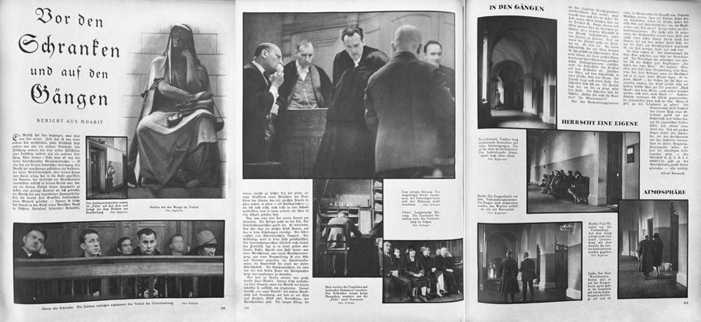 Drei Zeitschriftenseiten mit zehn Schwarzweißfotos von Gerichten und Gerichtsverhandlungen sowie Text