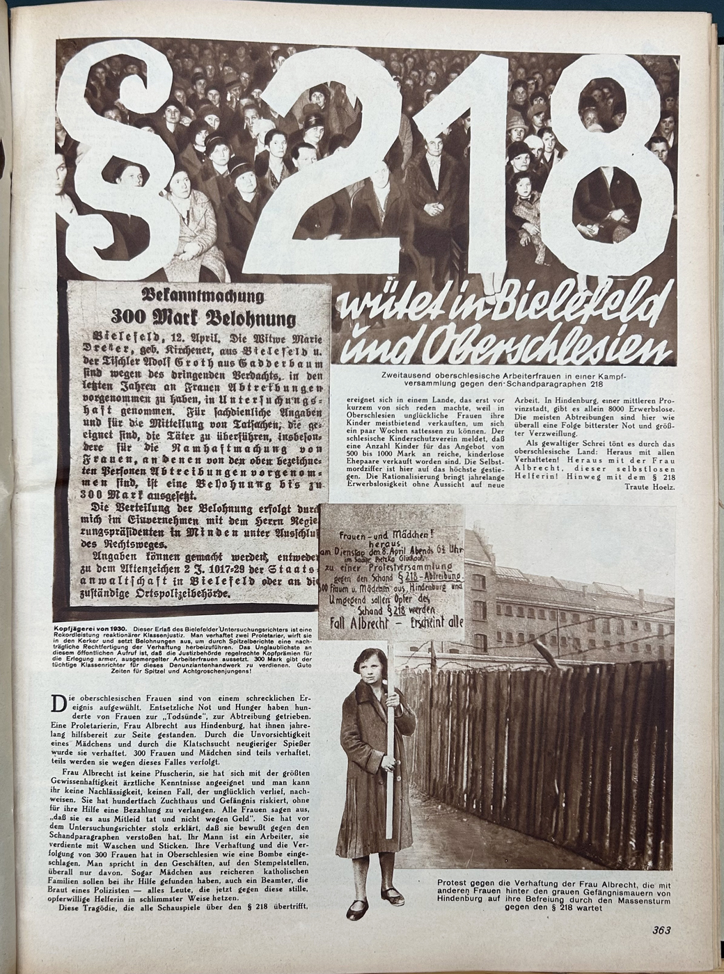 Zeitschriftenseite mit drei Fotos und Text; darunter eine junge Frau mit Protestplakat und die Ansicht eines Gefängnisses
