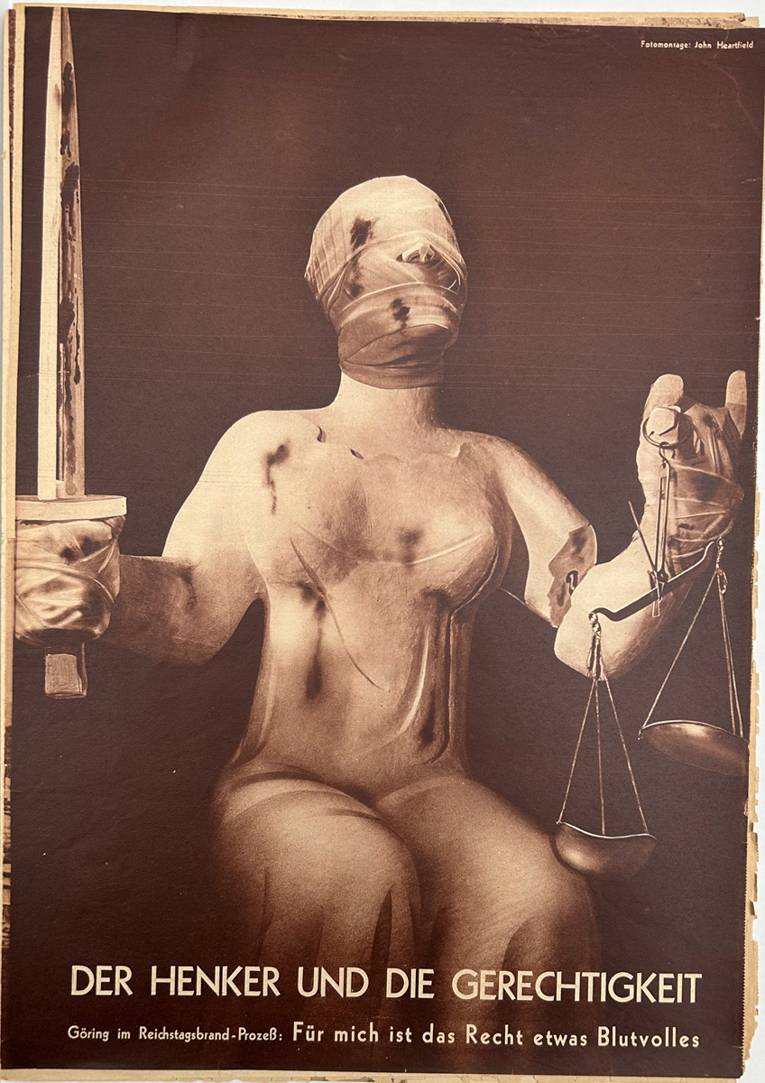 Ganzseitige Collage einer Frauenfigur mit Schwert und Waage