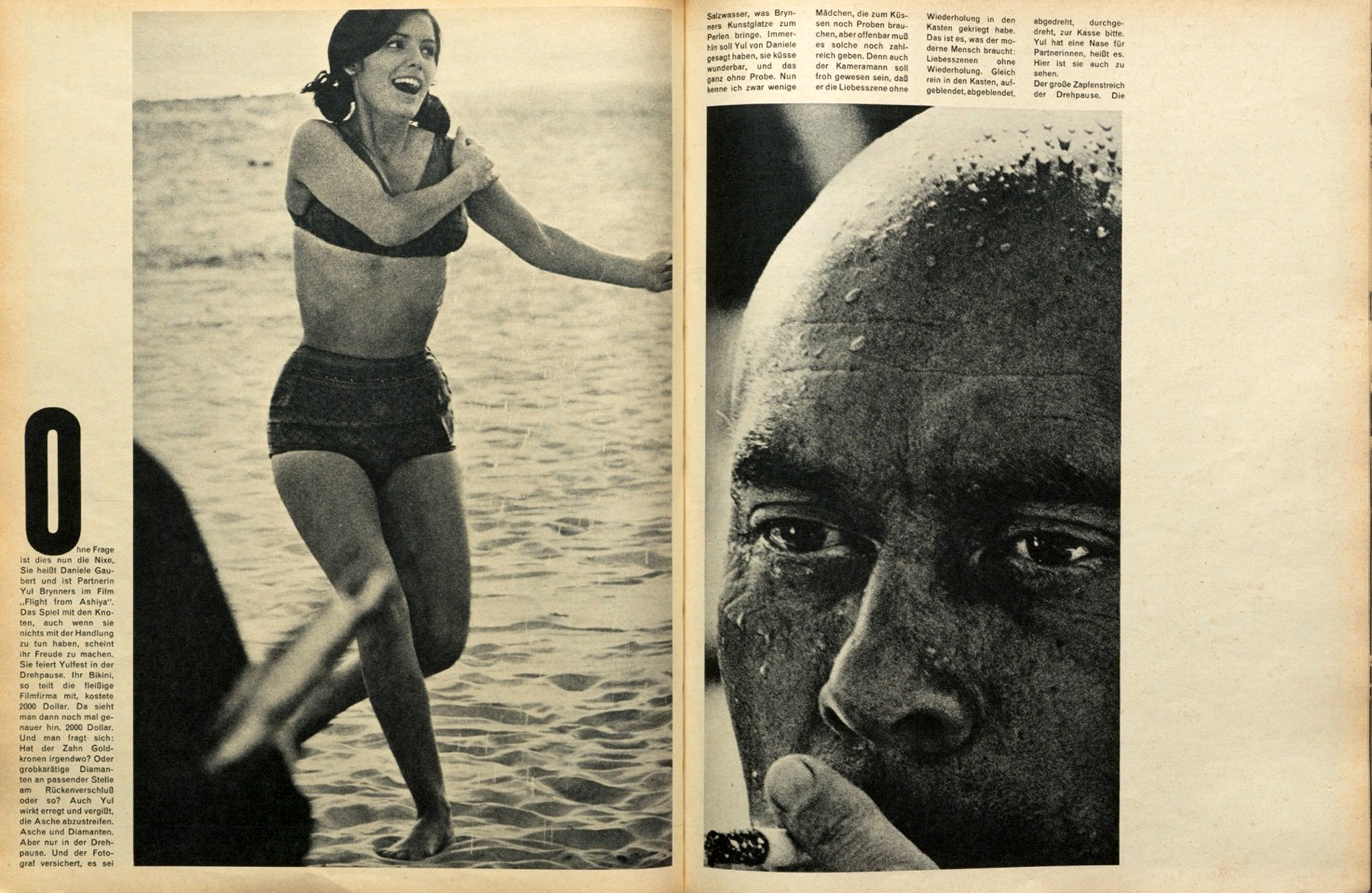 Zeitschriftenseite mit zwei Schwarzweißfotos: eine junge Frau im Bikini und das Porträt eines rauchenden Mannes